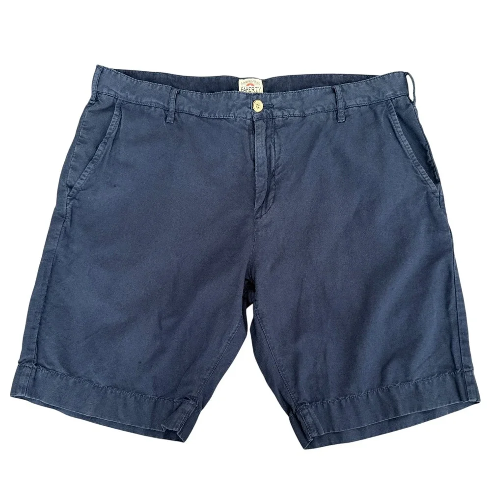 Faherty‎ Men's Shorts Blue Linen Chino Flat Front Size 35 Coastal Nautical Beach